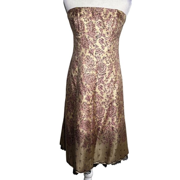Ideology Strapless Silk Midi Dress Size 8 Gold Pink Lace Trim Zipper Lined - Picture 2 of 8